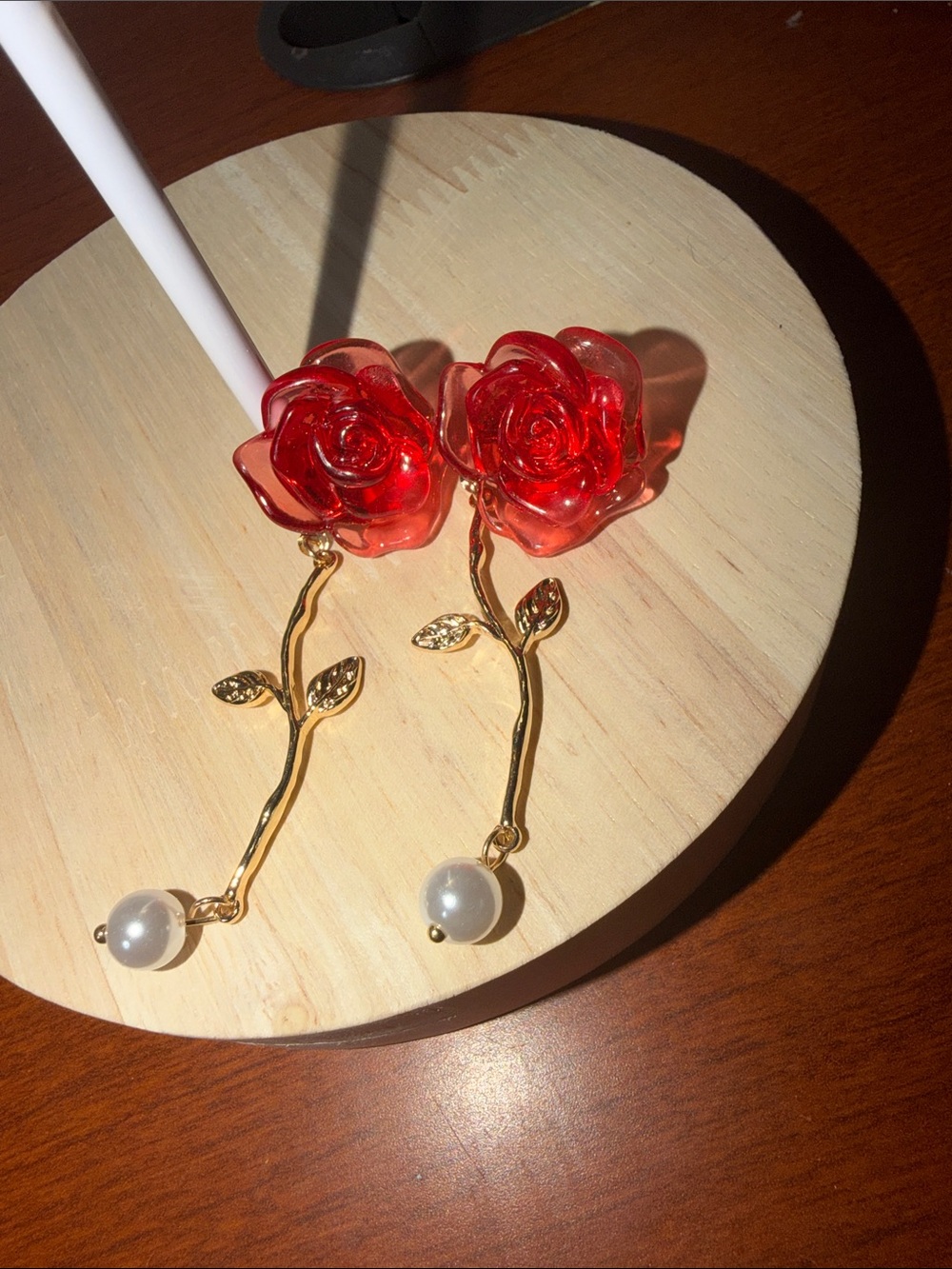 Gold Stem Red Rose Drop Earrings with Pearl Accent